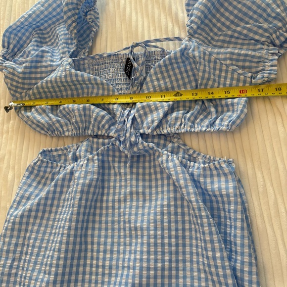 H&M Blue Gingham Cut-Out Mini Dress Puff Sleeve Tie Back Summer Dress Size M - Picture 3 of 7